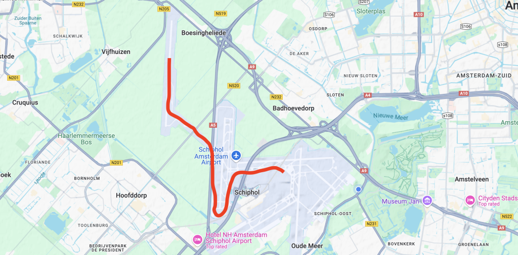 Long taxiway route at Amsterdam Schiphol airport